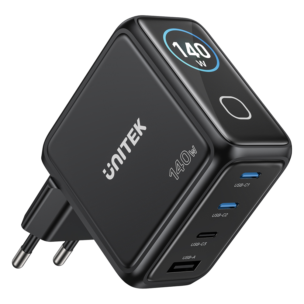UNITEK P1132A REXO 140W 4-PORT GAN CHARGER WITH SMART COLOUR DISPLAY - 3× USB TYPE-C AND 1× USB TYPE-A