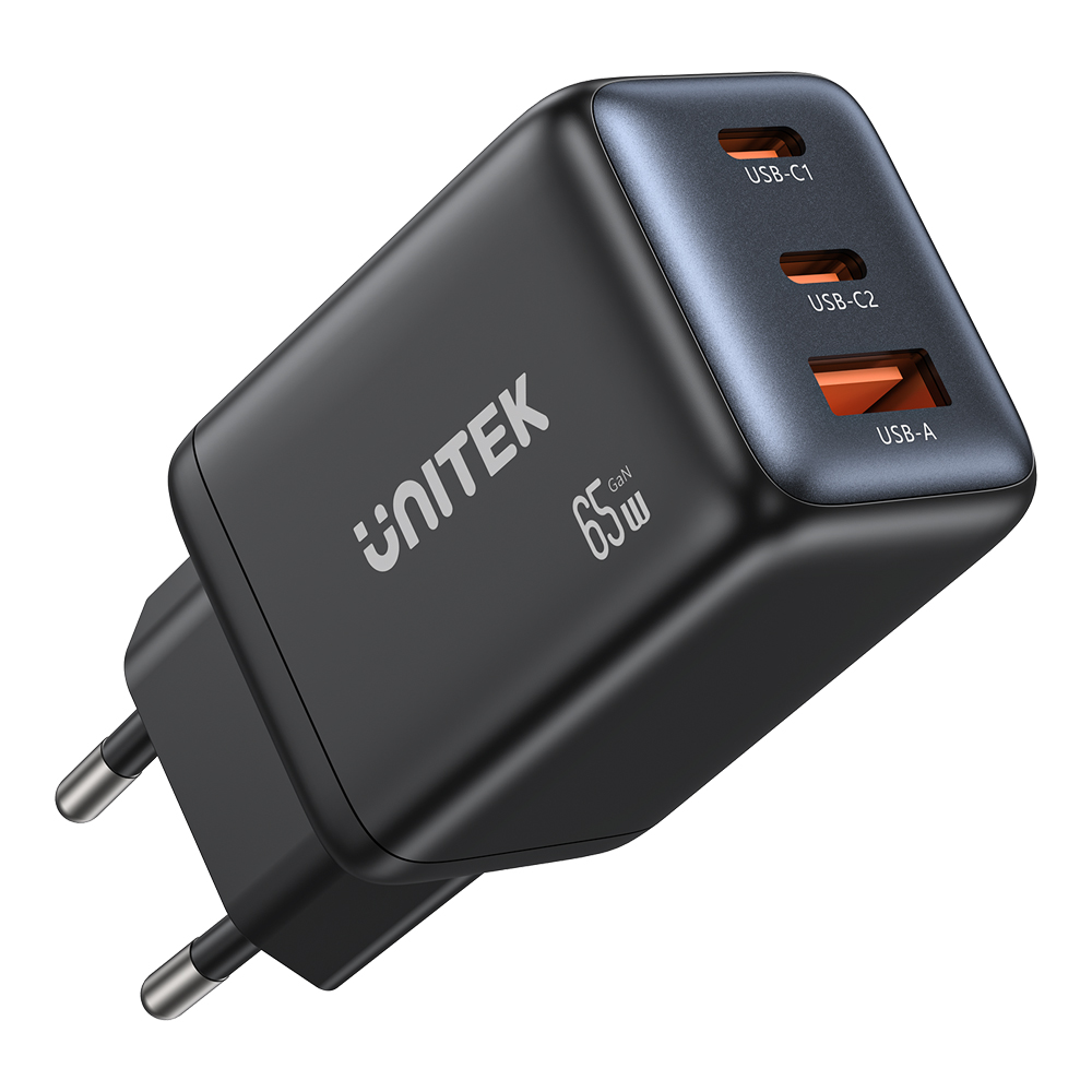 UNITEK P1130A ZENO 65W 3-PORT GAN WALL CHARGER - 2× USB TYPE-C, 1× USB TYPE-A
