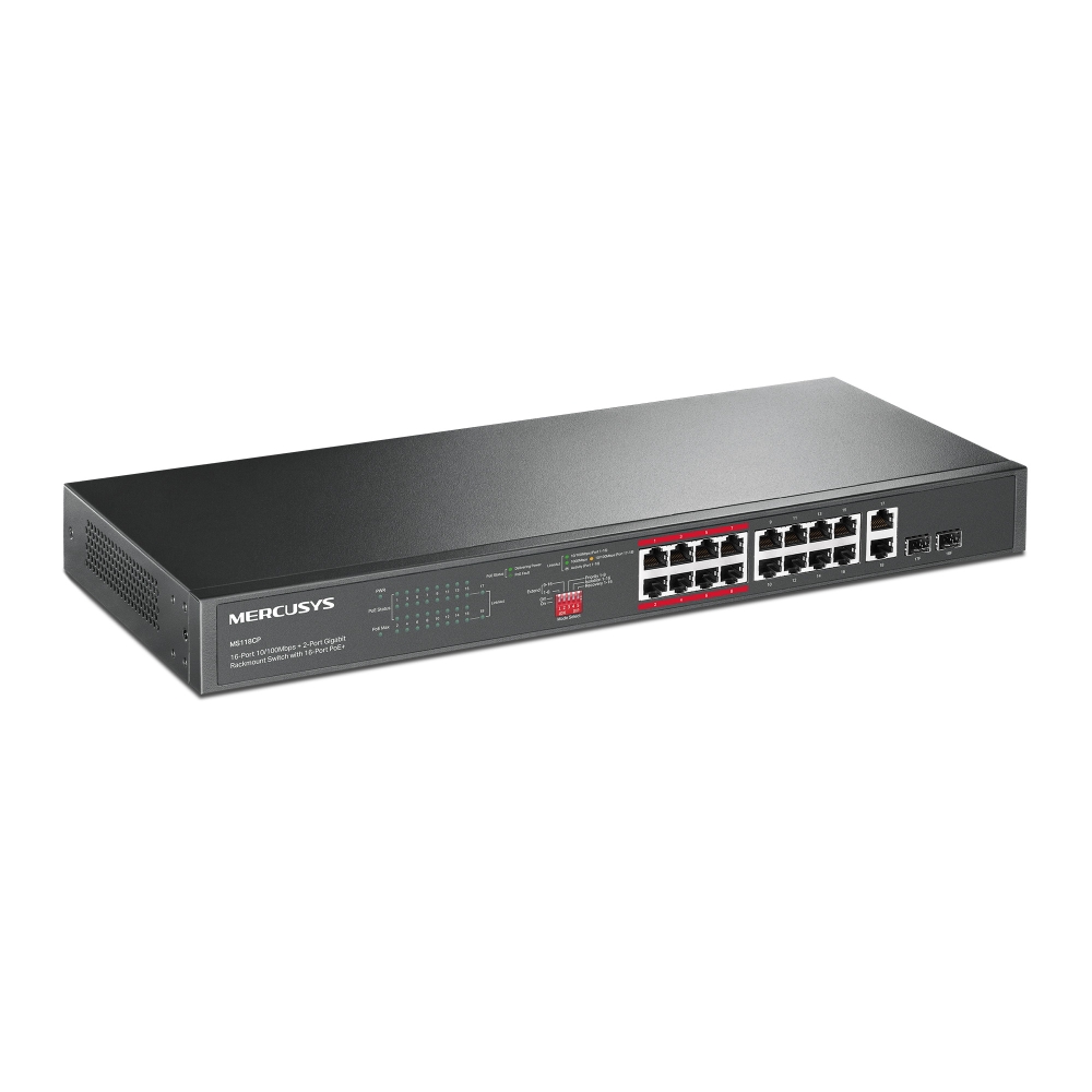MERCUSYS MS118CP 16-PORT 10/100MBPS POE+ RACKMOUNT SWITCH WITH 2-PORT GIGABIT COMBO UPLINKS