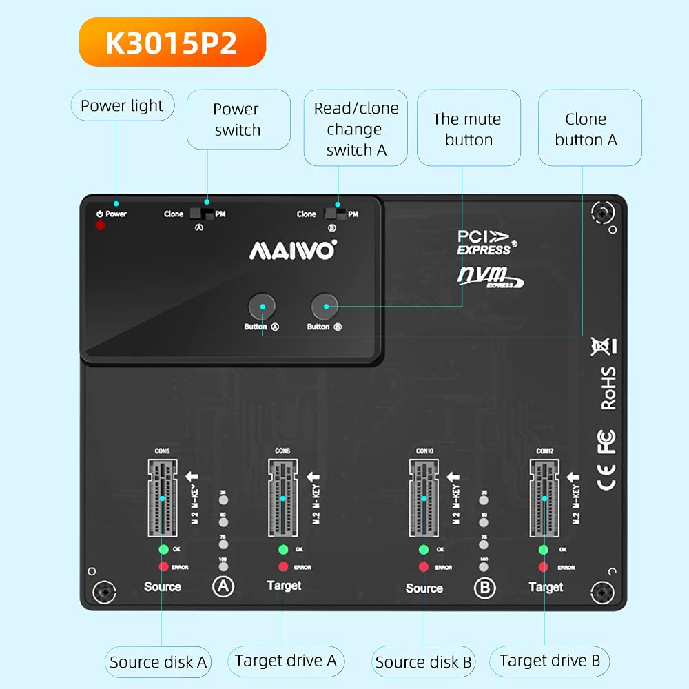 MAIWO K3015P2 QUAD-BAY USB3.2 GEN2 TYPE-C TO NVME M.2 SSD CLONE DOCKING STATION AND DUPLICATOR - Image 4