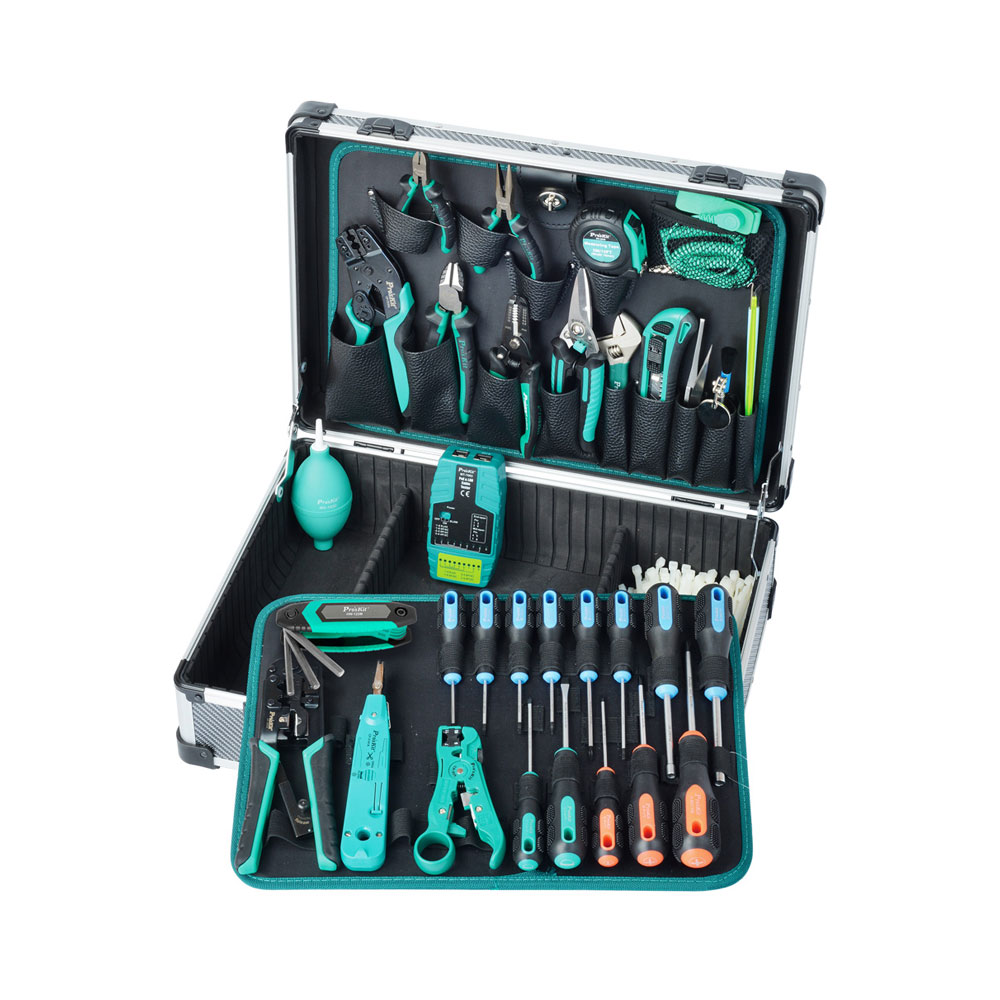 PROSKIT PK-1938M1 PROFESSIONAL TELECOM AND NETWORKING TOOL KIT WITH MT-7063 POE CABLE TESTER